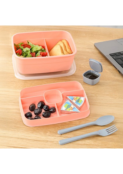 2 Katlı Bölmeli Beslenme Kabı - Yemek Taşıma Saklama Kabı Diyet Lunch Box Sosluk Kaşık Çatal Pembe