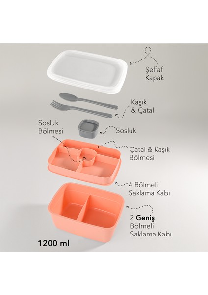 2 Katlı Bölmeli Beslenme Kabı - Yemek Taşıma Saklama Kabı Diyet Lunch Box Sosluk Kaşık Çatal Pembe