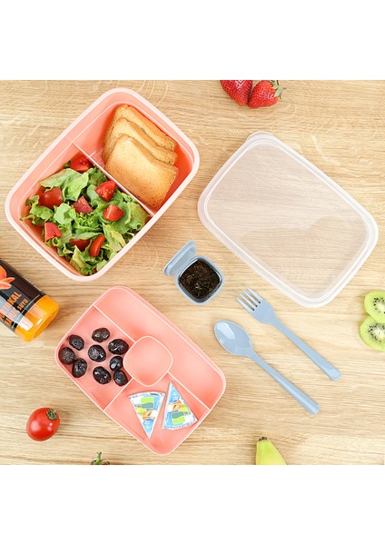 2 Katlı Bölmeli Beslenme Kabı - Yemek Taşıma Saklama Kabı Diyet Lunch Box Sosluk Kaşık Çatal Pembe
