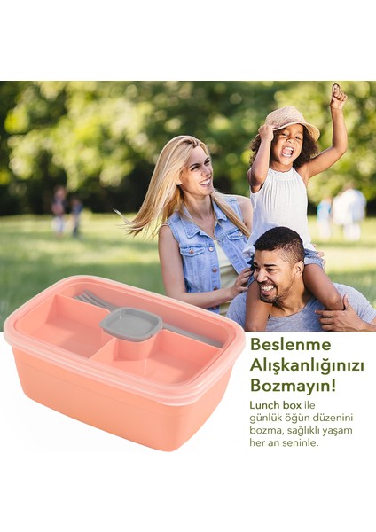 2 Katlı Bölmeli Beslenme Kabı - Yemek Taşıma Saklama Kabı Diyet Lunch Box Sosluk Kaşık Çatal Pembe