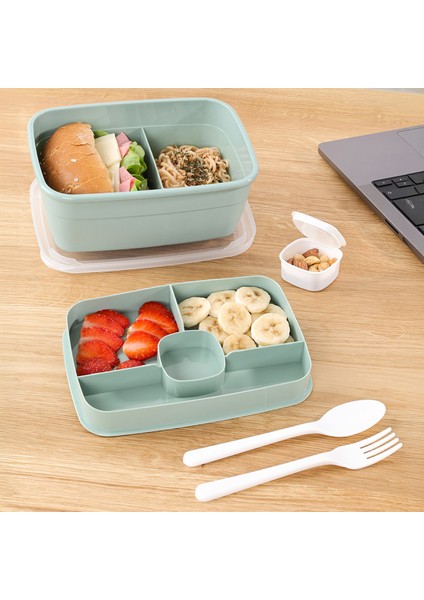 2 Katlı Bölmeli Beslenme Kabı - Yemek Taşıma Saklama Kabı Diyet Lunch Box Sosluk Kaşık Çatal Yeşil