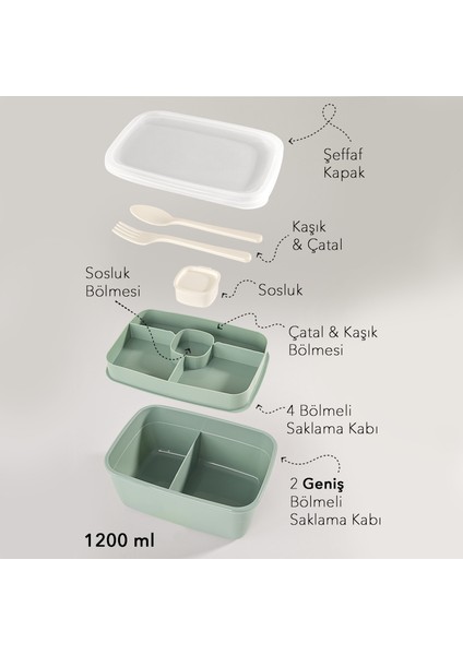 2 Katlı Bölmeli Beslenme Kabı - Yemek Taşıma Saklama Kabı Diyet Lunch Box Sosluk Kaşık Çatal Yeşil