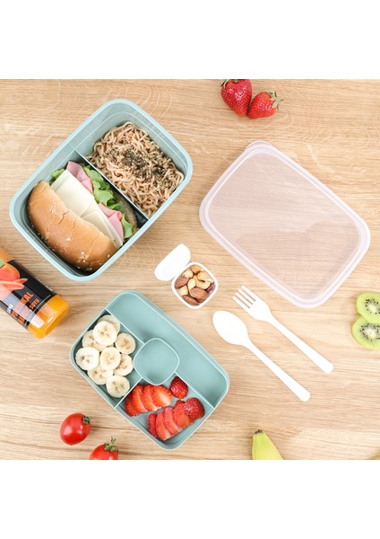 2 Katlı Bölmeli Beslenme Kabı - Yemek Taşıma Saklama Kabı Diyet Lunch Box Sosluk Kaşık Çatal Yeşil