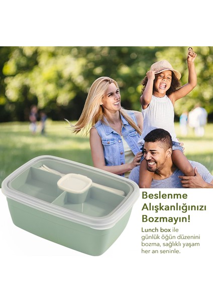 2 Katlı Bölmeli Beslenme Kabı - Yemek Taşıma Saklama Kabı Diyet Lunch Box Sosluk Kaşık Çatal Yeşil
