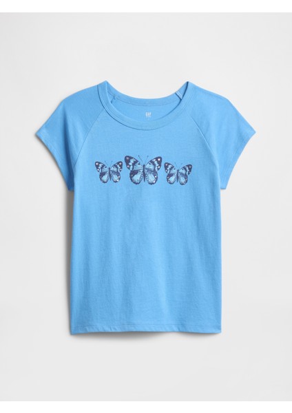 Kız Çocuk Mavi Grafik Baskılı T-Shirt
