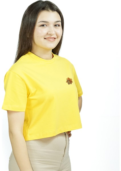 Luxfin | Sarı Renk Baskılı Crop | Oversize modelleri