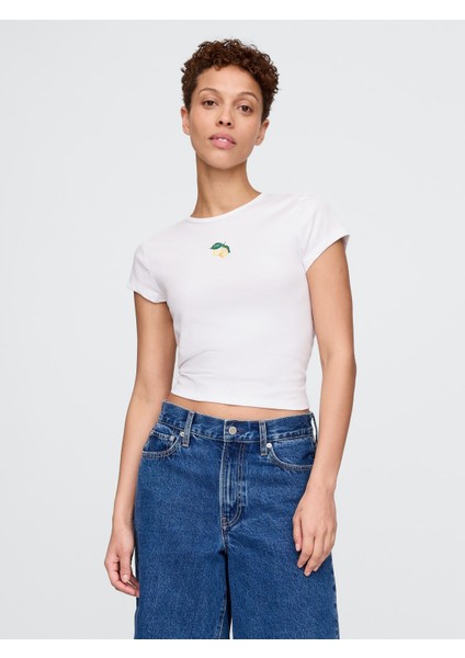 Kadın Beyaz Grafikli Crop T-Shirt