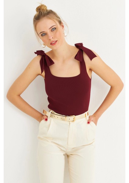 Kadın Bordo Triko Bluz YV236