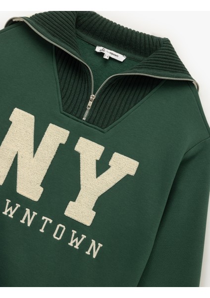 Şardonlu Uzun Kollu Yarım Fermuarlı Ayıcık Nakışlı Oversize Sweatshirt modelleri