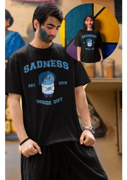 Unisex Insi.de Out Sadness Baskılı T-Shirt, Oversize Ters Yüz Animasyon Film Temalı Tişört
