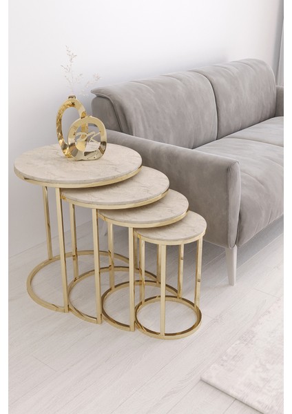 4'lü Ceylin Zigon Sehpa Gold Traverten Mdf