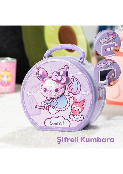 040-1 Metal Şifreli Kilitli Yuvarlak Kumbara Lila 15X15CM