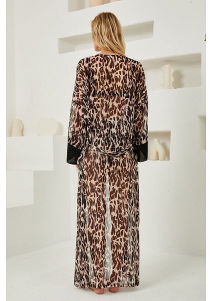 Mayo Üzerine Tek Pareo Kimono 4824 Leopar SIYAH01