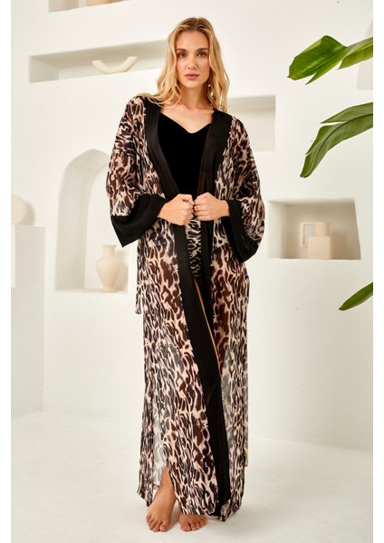 Mayo Üzerine Tek Pareo Kimono 4824 Leopar SIYAH01
