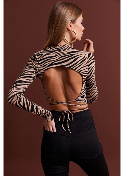 Kadın Camel-Siyah Sırt Dekolteli Zebra Desenli Crop Bluz LPP1131 fiyatları