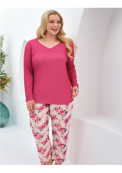 Perfect Club Kadın Büyük Beden V Yaka Uzun Kol Pijama Takımı 4378- 1 Adet
