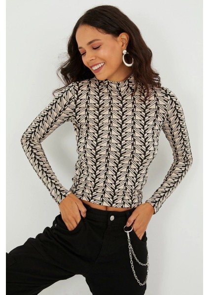 Kadın Taş Yarım Balıkçı Zebra Desen Bluz LPP1133 modelleri