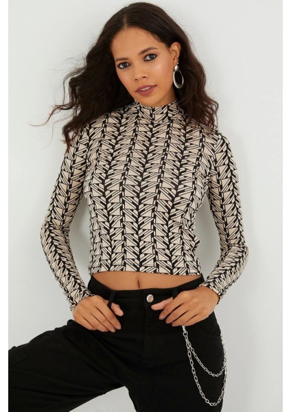 Kadın Taş Yarım Balıkçı Zebra Desen Bluz LPP1133 fırsatları