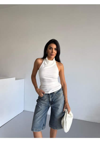 Kadın Sırtı Açık Boyundan Geçirmeli Yan Büzgülü Yeni Sezon Bluz fiyatları