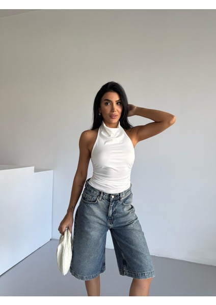 Kadın Sırtı Açık Boyundan Geçirmeli Yan Büzgülü Yeni Sezon Bluz modelleri