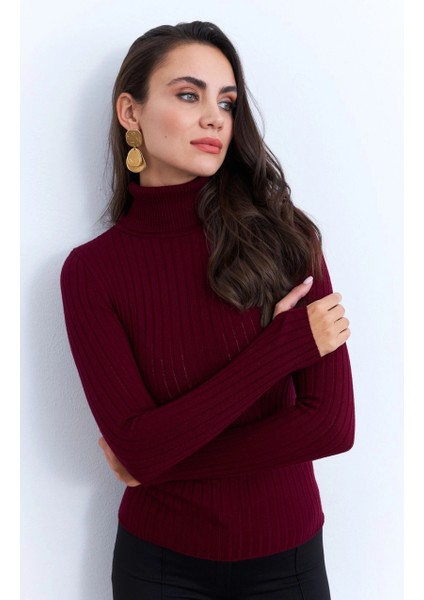 Kadın Bordo Balıkçı Yaka Triko Bluz MYV102-90