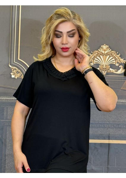 Bluz Yazlık Yakası Payetli Siyah Pamuk Iplik Tişört Vyaka Günlük fiyatları