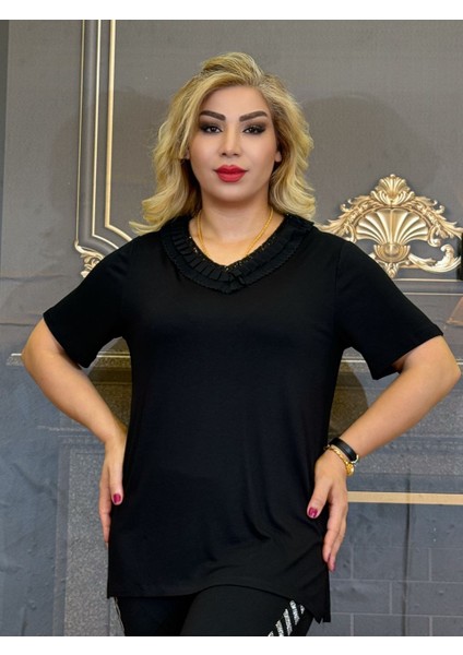 Bluz Yazlık Yakası Payetli Siyah Pamuk Iplik Tişört Vyaka Günlük indirimleri