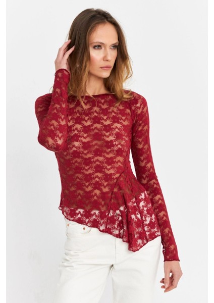 Kadın Bordo Asimetrik Dantel Bluz MTK13288