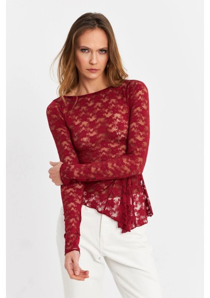 Kadın Bordo Asimetrik Dantel Bluz MTK13288 fiyatları