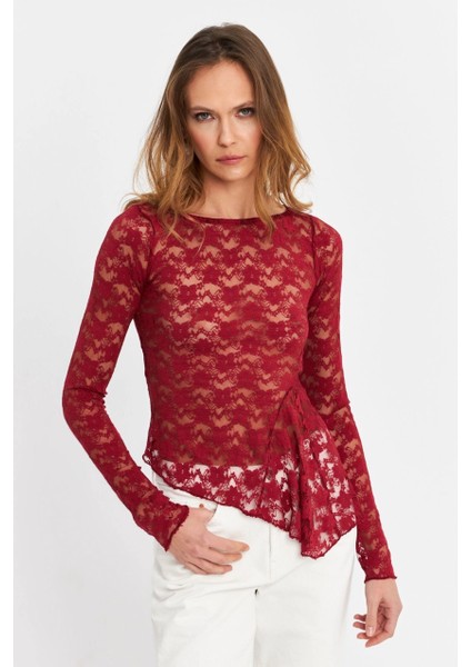 Kadın Bordo Asimetrik Dantel Bluz MTK13288 modelleri