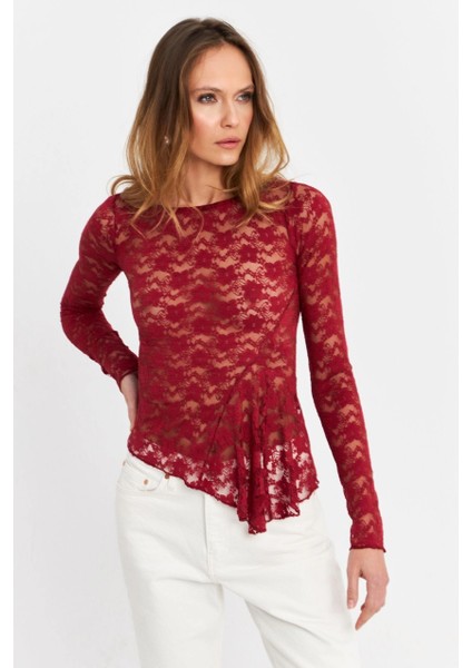 Kadın Bordo Asimetrik Dantel Bluz MTK13288 fırsatları
