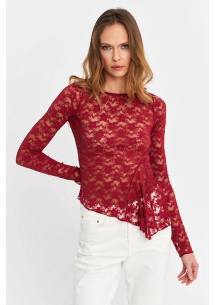 Kadın Bordo Asimetrik Dantel Bluz MTK13288 indirimleri