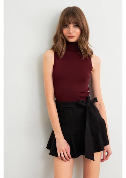 Kadın Bordo Triko Kolsuz Bluz YV305