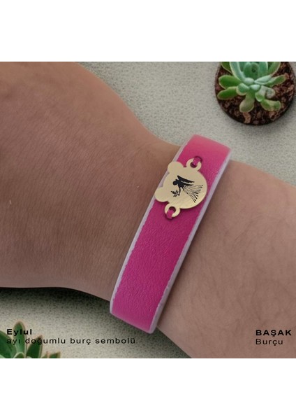 Başak Burçlarına Özel Pembe Derili Ayıcık Motifli 14 Ayar Altın Plakalı Hediye Bileklik-458BURÇ