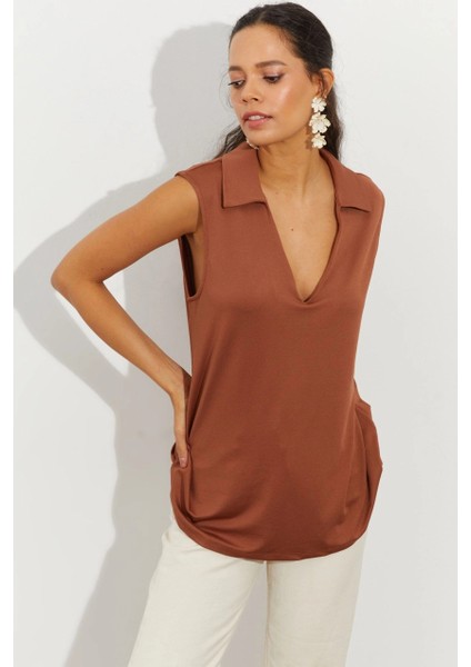 Kadın Badem Polo Yaka Bluz LPP1219