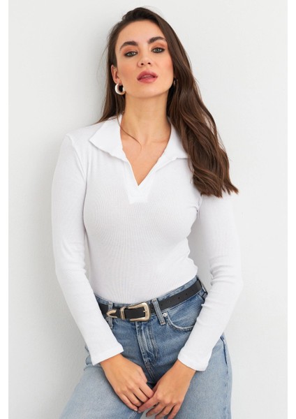 Kadın Beyaz Polo Yaka Kaşkorse Bluz LON3006 fırsatları