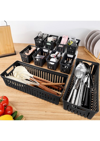 10 Parça Modüler Çekmece Içi Organizer Set - Banyo Mutfak Makyaj Aksesuar Ofis Düzenleyici Siyah