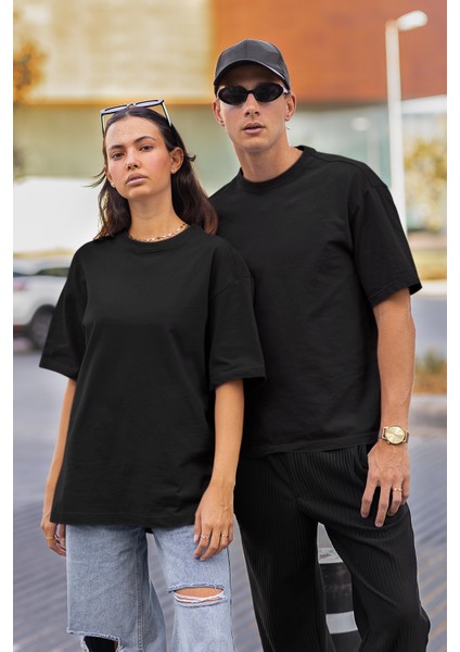 Oversize Relax Bisiklet Yaka Basic Siyah Tişört / Rahat Kesim T-Shirt