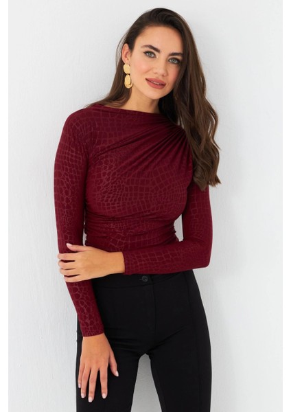 Kadın Bordo Desenli Büzgülü Bluz LPP1279
