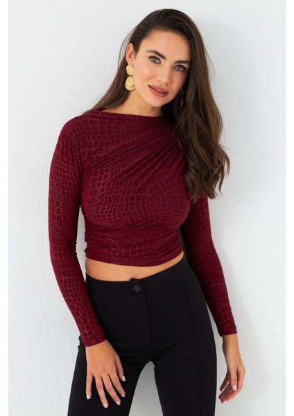Kadın Bordo Desenli Büzgülü Bluz LPP1279 fiyatları