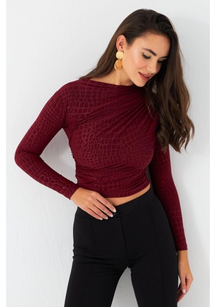 Kadın Bordo Desenli Büzgülü Bluz LPP1279 modelleri
