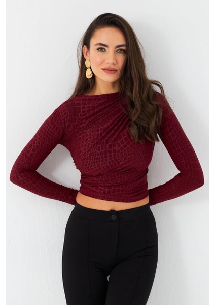 Kadın Bordo Desenli Büzgülü Bluz LPP1279 fırsatları