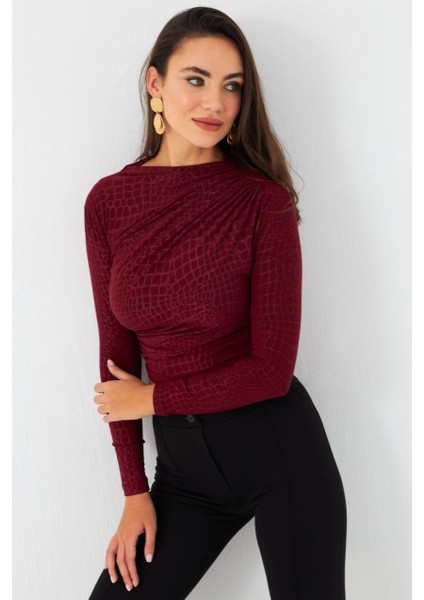 Kadın Bordo Desenli Büzgülü Bluz LPP1279 indirimleri