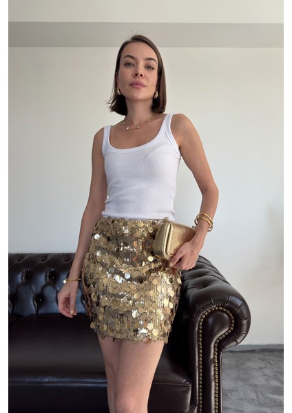 Pul Payetli Premium Etek- Gold