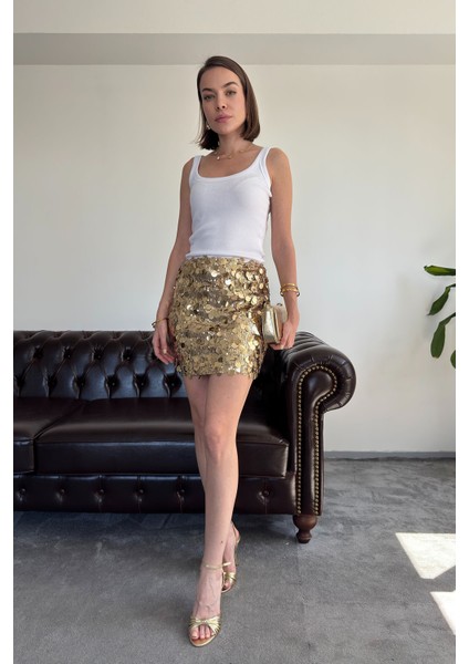 Pul Payetli Premium Etek- Gold