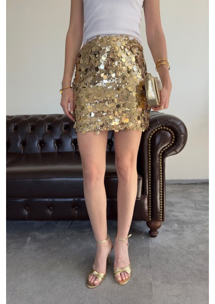 Pul Payetli Premium Etek- Gold