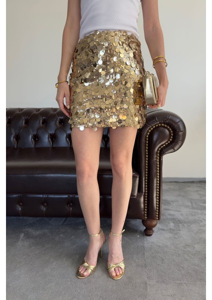Pul Payetli Premium Etek- Gold