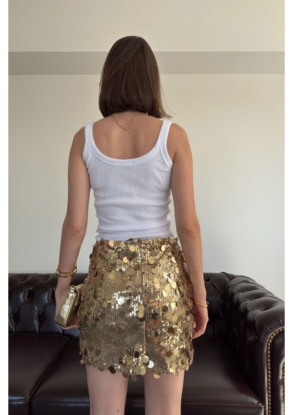 Pul Payetli Premium Etek- Gold