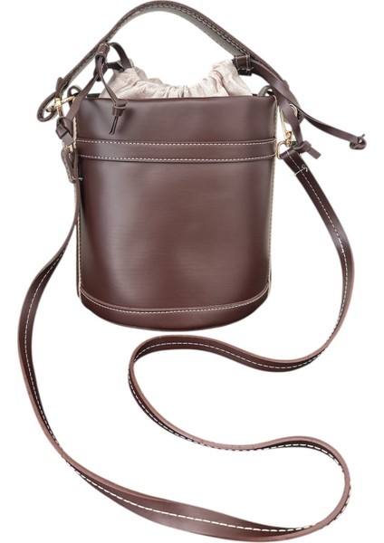 Deri Kahverengi Kova Sade Kadın Omuz ve El Çantası