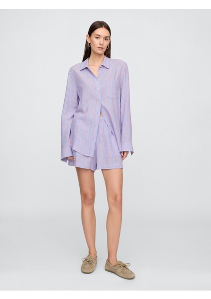 Kadın Açık Lila Keten Karışımı Easy Gömlek fırsatları